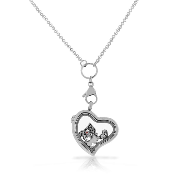 Stainless Steel Silver-Tone Love Heart Family Locket Pendant Necklace - Charms Included