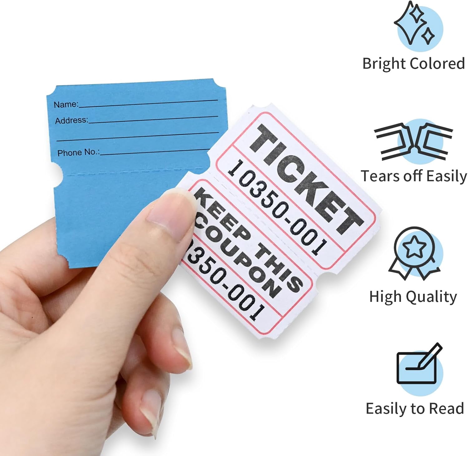 2000 Assorted Raffle Tickets Rolls with Consecutive Numbers 2 Rolls of 1000 Double Tickets-White,Blue
