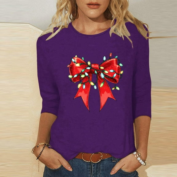 Cadancy Christmas Shirts for Women Casual 3/4 Sleeve Funny Bow Print Blouses Dressy Vintage Plus Size Holiday Tshirts Party Winter Crew Neck Xmas Tops