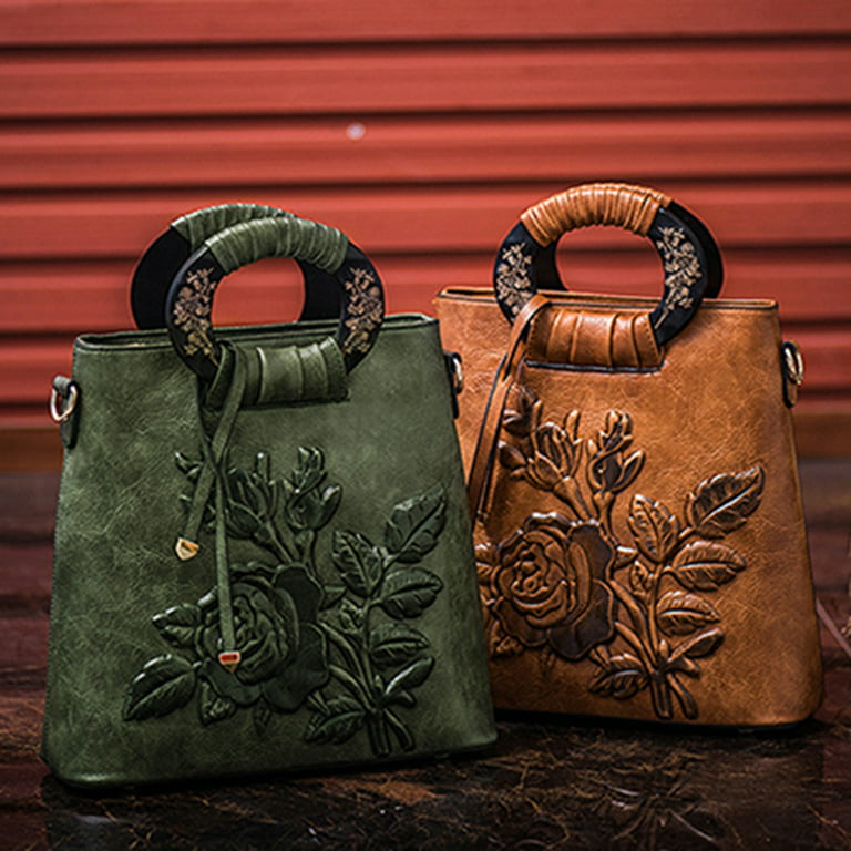 Porfeet Women's Chinese Floral Print Ring Handle Shoulder Bag