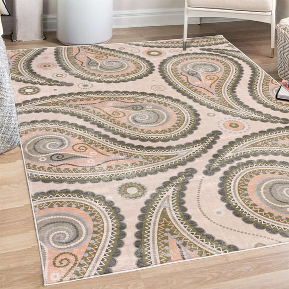 Paisley Decorative Rug, Continuous Fig Like Motifs Pattern Mandala Oriental Floral Abstract Art, Quality Carpet for Bedroom Dorm and Living Room, 6 Sizes, Pale Salmon, by Ambesonne