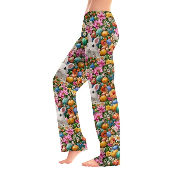 Adult Easter Pajamas Wide Leg Stretch Waist Trendy Pjs Cute Easter Egg Print Soft Drawstring Pants (Green,S)