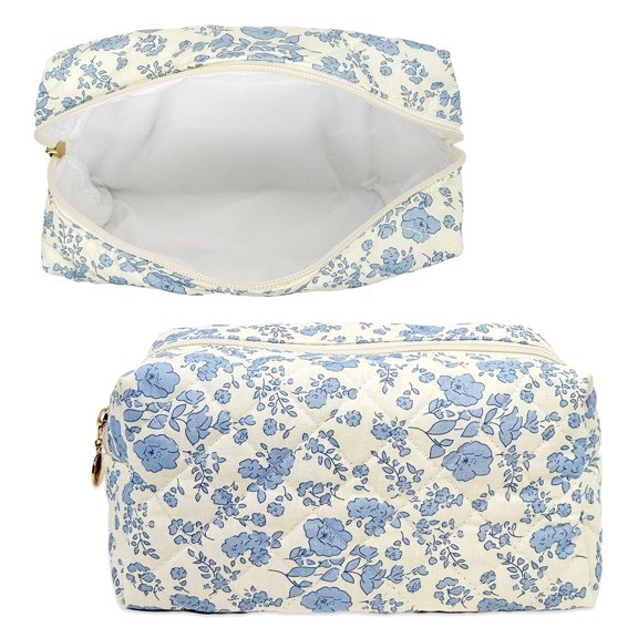 allydrew Floral Quilted Makeup Bag for Cosmetics, Toiletries, Travel, Blue Cornflower