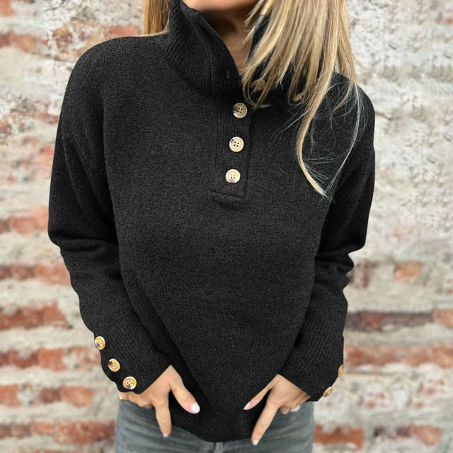 PEONAVET Turtleneck Sweater Women Women's Solid Color Blouses Button Turtleneck Pullover Fashionable Sweater