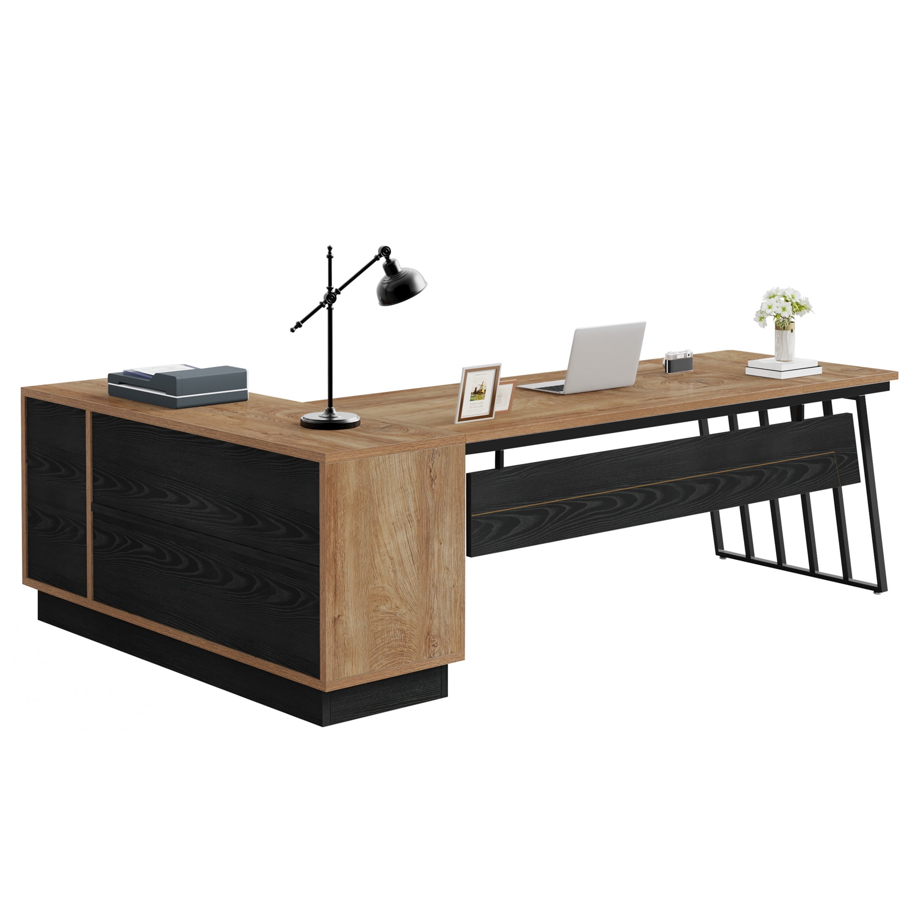 Fnova 71" L-Shaped Executive Desk with Storage Drawers and Open Shelves, Industrial Office Desk Writing Desk with File Cabinet, Spacious Corner Computer Desk for Home Office