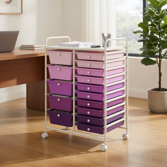 GVN Mobile Shelving Unit Organizer Utility Cart,15-Drawer Utility Rolling Organizer Cart Multi-Use Storage-Purple