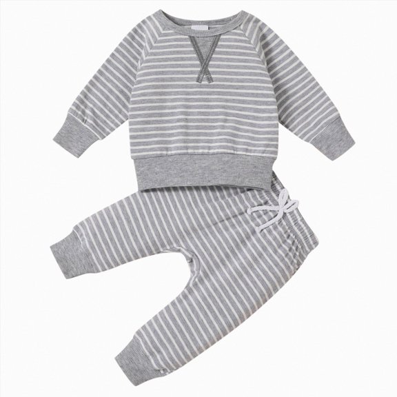 Splozh Boys Casual Outfits Infant Newborn Kids Baby Striped Patchwork Long Sleeve Blouse Tops Cotton Pants Trousers Outfit Set 2PCS Clothes,Grey,12-18 Months