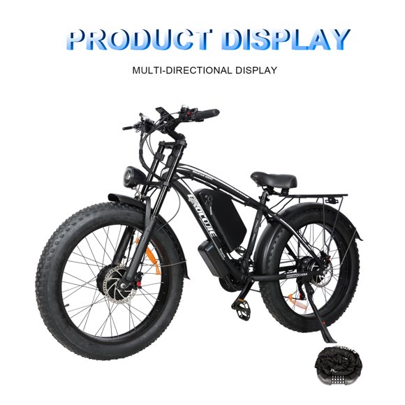 Vélo Électrique pour Adulte 52V3000W, Vélo Électrique à Double Moteur avec Batterie Amovible 32Ah et Port USB, Frein à Disque Hydraulique, Vélo Électrique à Pneus Larges 26*4 Pouces pour Tous les Terrains, Noir