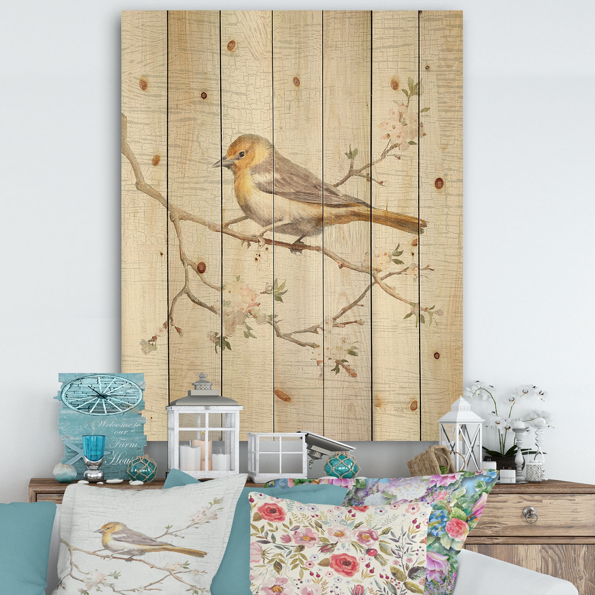 Designart 'Birds Sitting on Blossom Branch II' Farmhouse Print on Natural Pine Wood