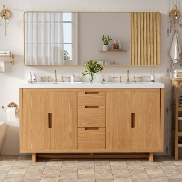 MODERNLUXE 59.3 Inch Bathroom Vanity with Sink,Modern Freestanding Bathroom Storage Cabinet with 3 Drawers,Soft-Close Hinges and 4 Doors,Natural
