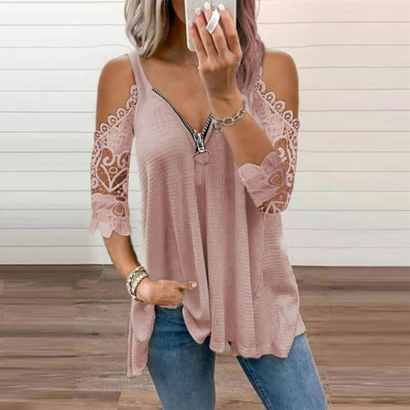 ZKCCNUK Women Casual Lace Half Sleeve Neck Zipper Hollow Out T-Shirt Blouse Tops Summer Plus Size Tops 2025 on