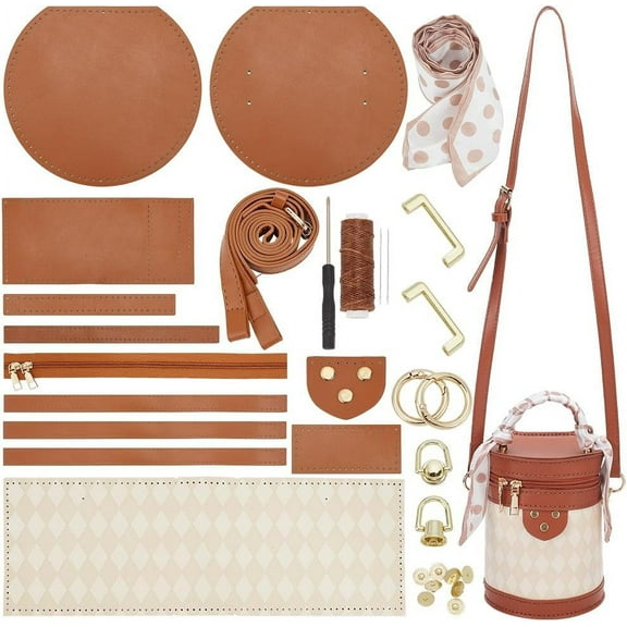 DIY PU Leather Crossbody Bag Making Kit Shoulder Bucket Bag Making Set for Purse DIY Making Handmade Stitch Leather Bag Making Materials for DIY Handbag Accessories Shoulder Bag Making Sienna