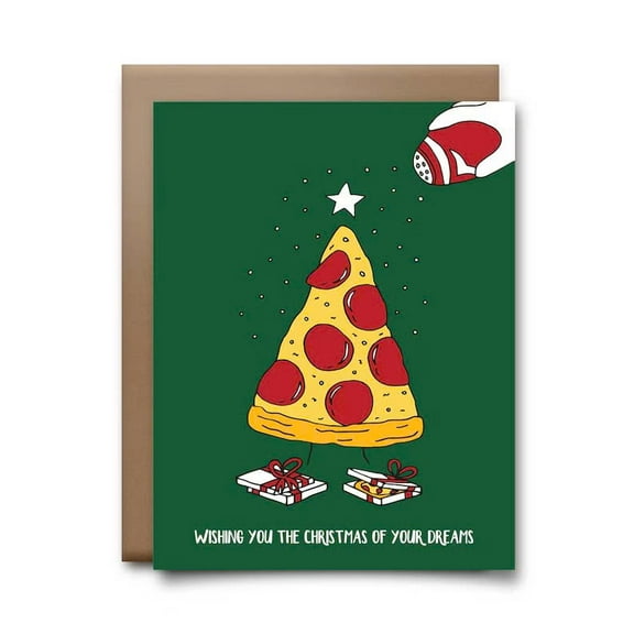 Pizza Tree Christmas Card – Wishing You the Christmas of Your Dreams – Fun and Unique Holiday Greeting Card – Includes Envelope – Perfect for Friends and Family