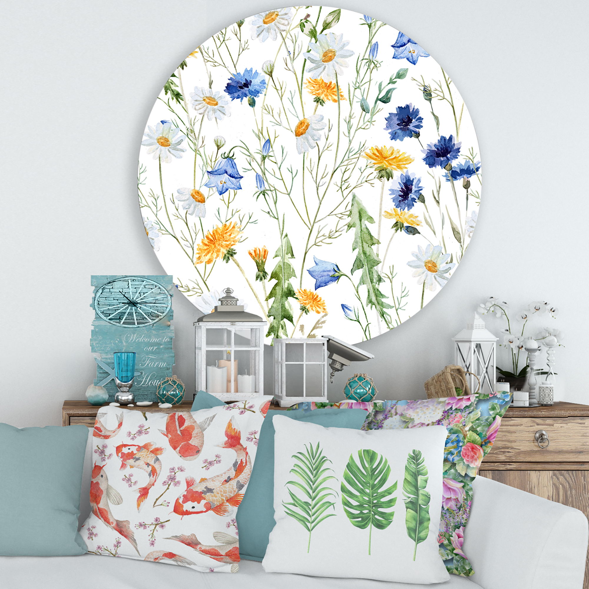Designart 'Wildflowers Clover Bell and Chamomile II' Traditional Circle Metal Wall Art 36x36 - Disc of 36