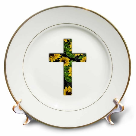 - 3dRose Sunflower pattern Christian Cross - black and yellow floral crucifix - Porcelain Plate, 8-inch