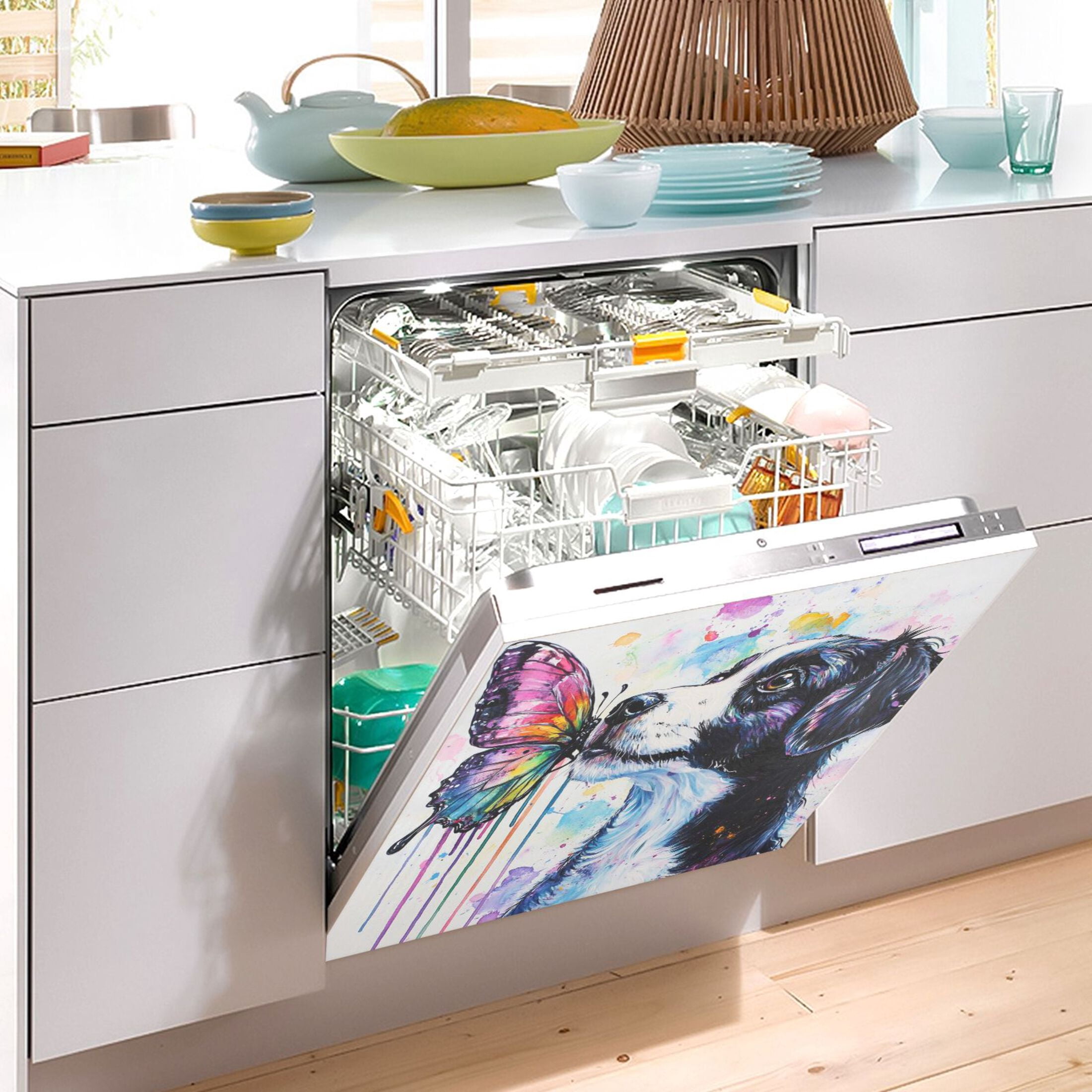 Dishwasher Magnetic Sticker 23x26 Inch Refrigerator Magnetic Sticker Washing Machine Magnetic Sticker Kitchen Panel Magnetic Sticker Home Decor Dogs Kiss Colorful Butterflies