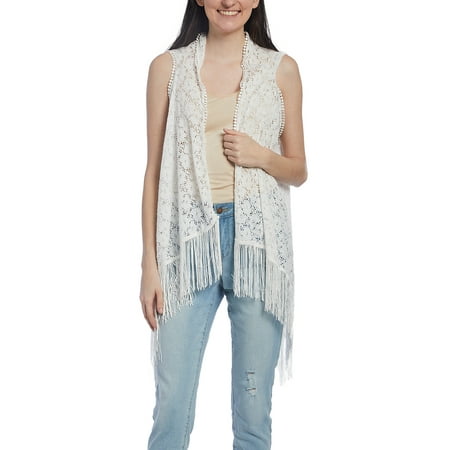 Fully Lined Lined Vest Ivory Crochet Fringe-Hem Vest for Women Summer Beach Cover-Up Relax Casual Sum Swimwear Outerwear Online by Oussum ()