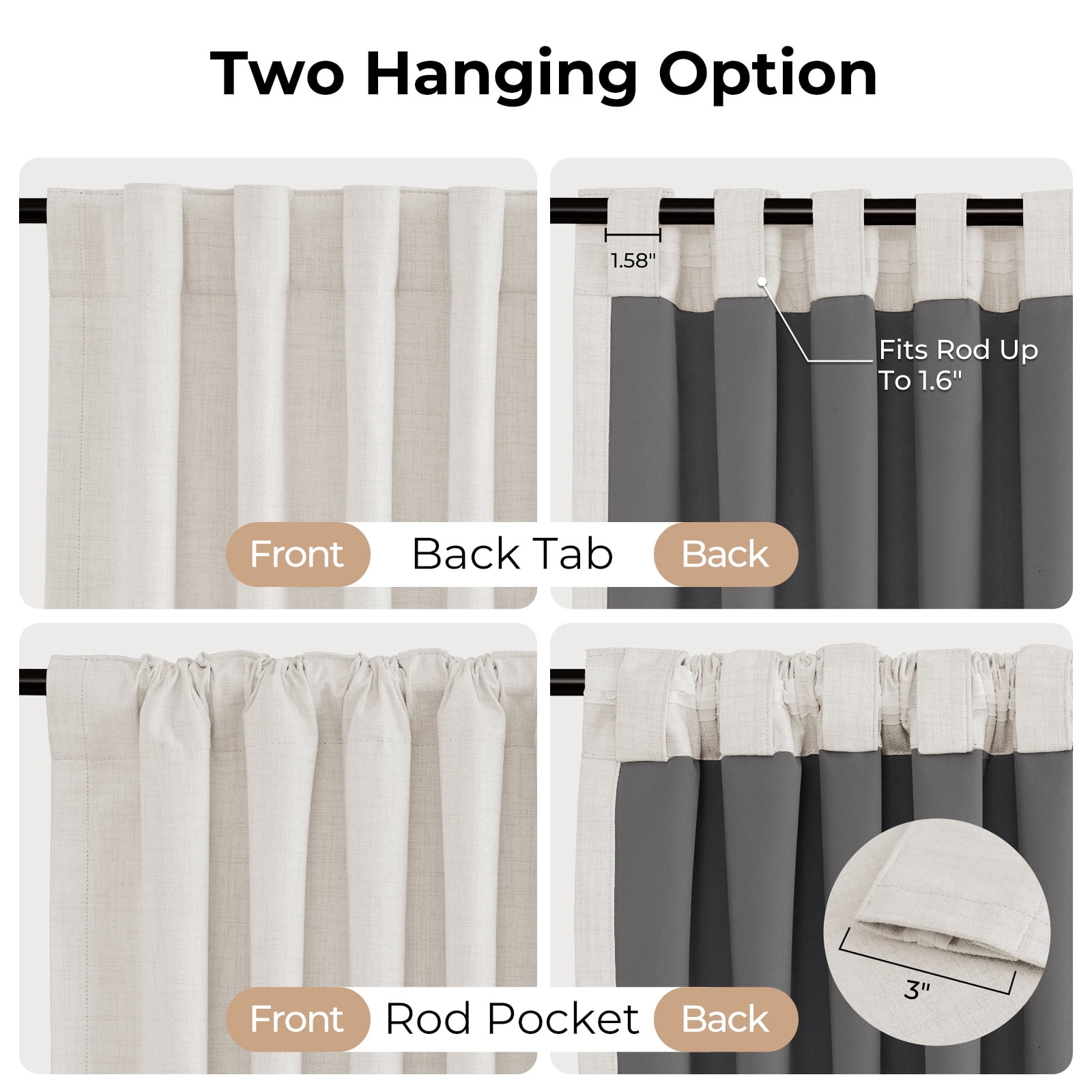 100% Blackout Curtains for Bedroom,Set of 2 Panels,96inch Length Faux Linen Thermal Insulated Back Tab Drapes with Room Darkening,50"Wx96"L,Beige