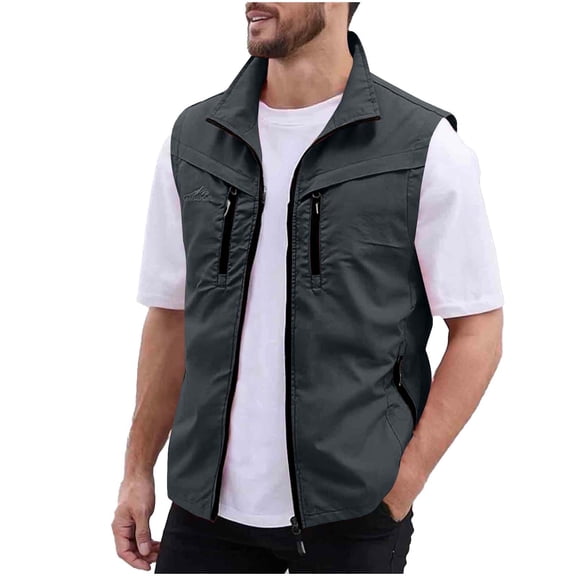 FAHXNVB Mens Zip Up Utility Vests with Pockets Stand Collar Outdoor Hunting Camping Hiking Vests Summer Lightweight Breathable Vests