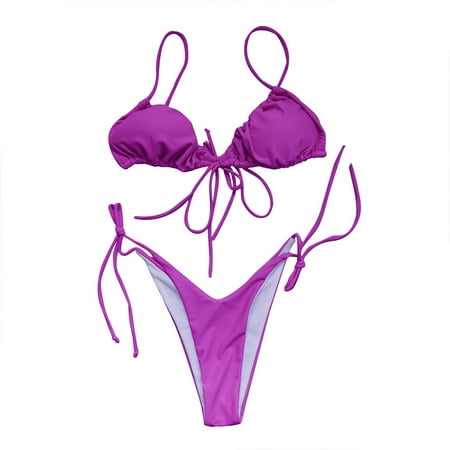 High Waisted Bikini Women s Two Piece High Cut Sets Halter Tie Side Thong Swimsuit String Sexy Triangle Bikini Bikini Sets for Women Purple