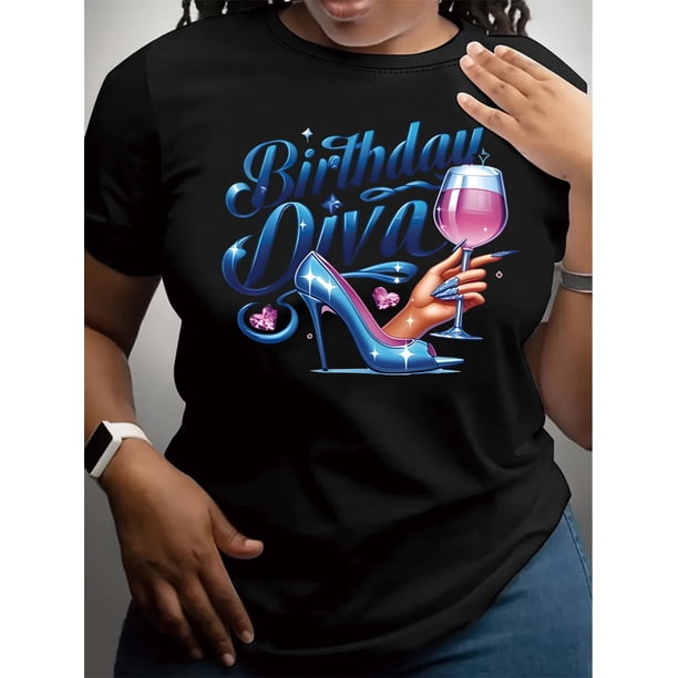 Camiseta con estampado de cumpleaños, vino y tacones altos, cuello redondo informal de manga corta para verano y primavera, ideal para mujeres adultas, hombres, mujeres, adolescentes, jóvenes.