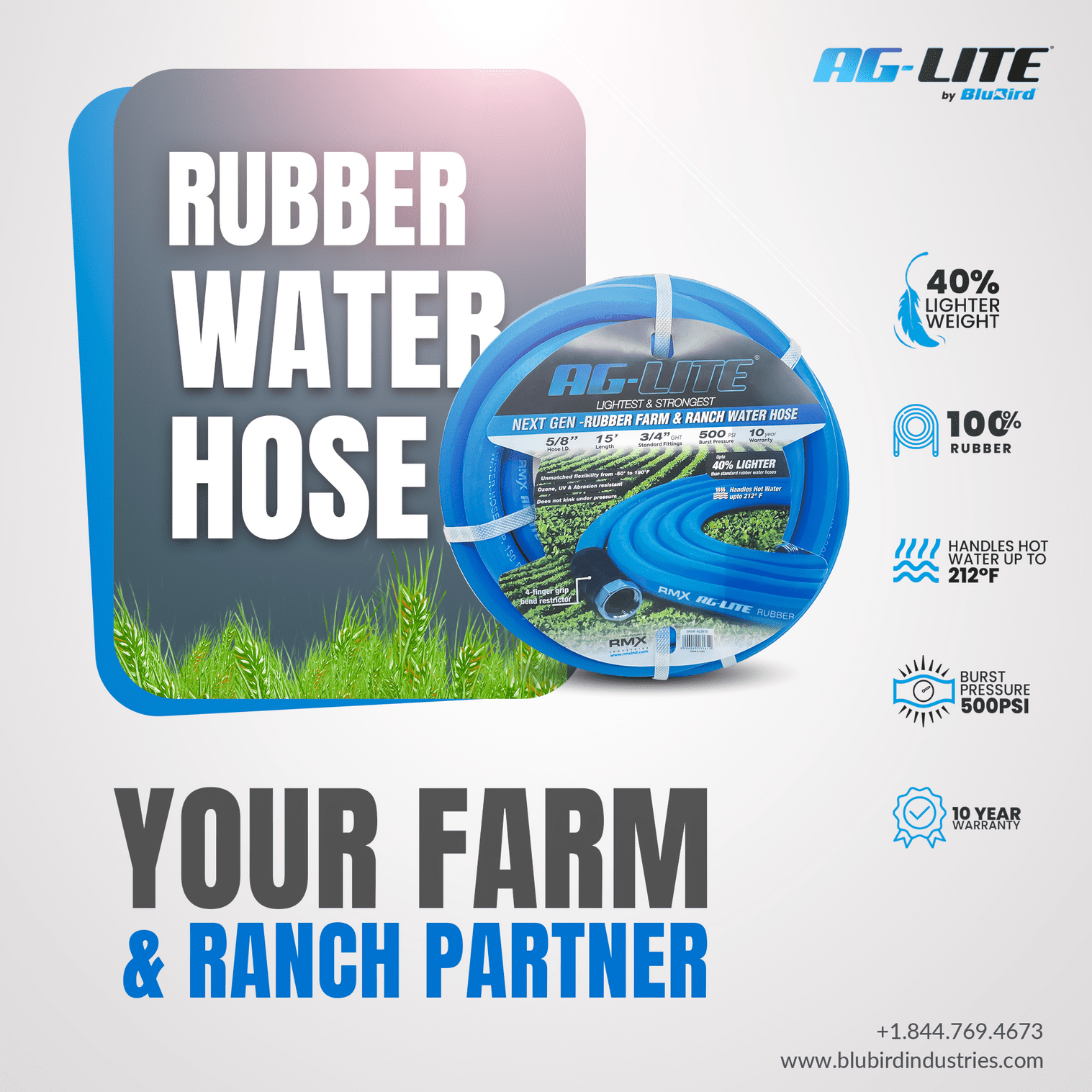 AG-Lite 3/4" x 100 ft Irrigation Hose, 100% Rubber, 500 PSI, Agriculture Grade, Lightweight & Flexible, 3/4" GHT Brass Fittings, Hot & Cold Water Use, Kink Resistant, 10-Year Warranty