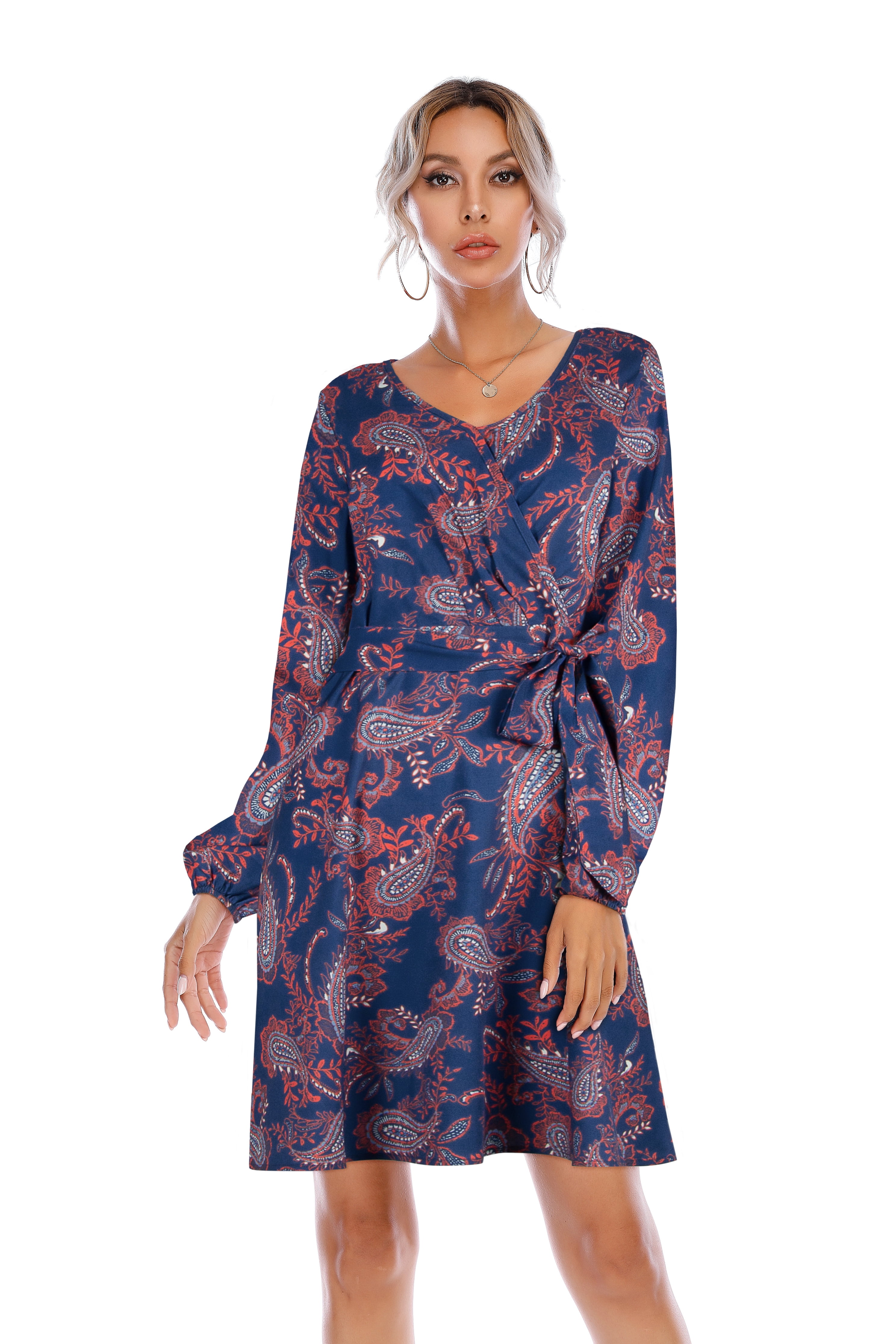 Women S Elegant Long Sleeve Dress V Neck Above Knee Length Tie Waist Casual Cocktail Party Dress Dark Blue Walmart Com