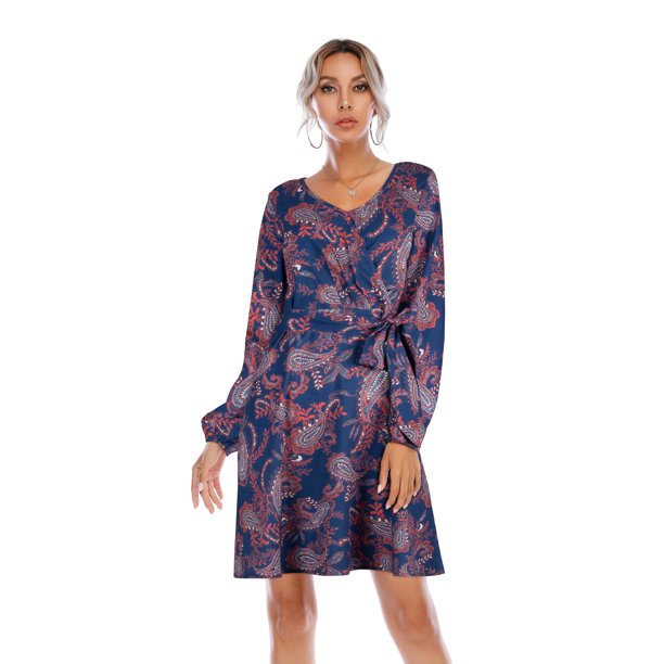 Women S Elegant Long Sleeve Dress V Neck Above Knee Length Tie Waist Casual Cocktail Party Dress Dark Blue Walmart Com