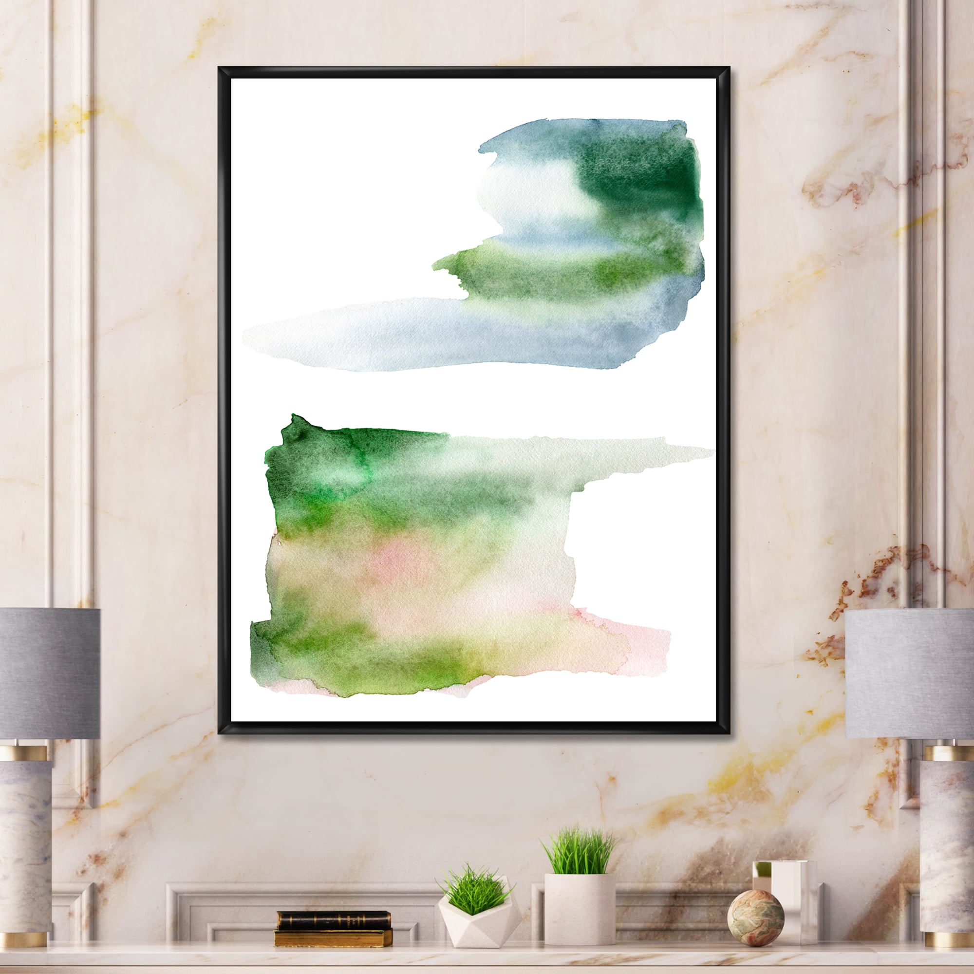 Designart 'Blue Green and Pink Spots Clouds' Modern Framed Canvas Wall Art Print