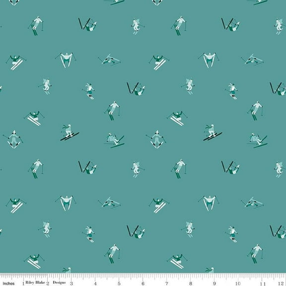 Ski Hill Skiers Teal Cotton Fabric
