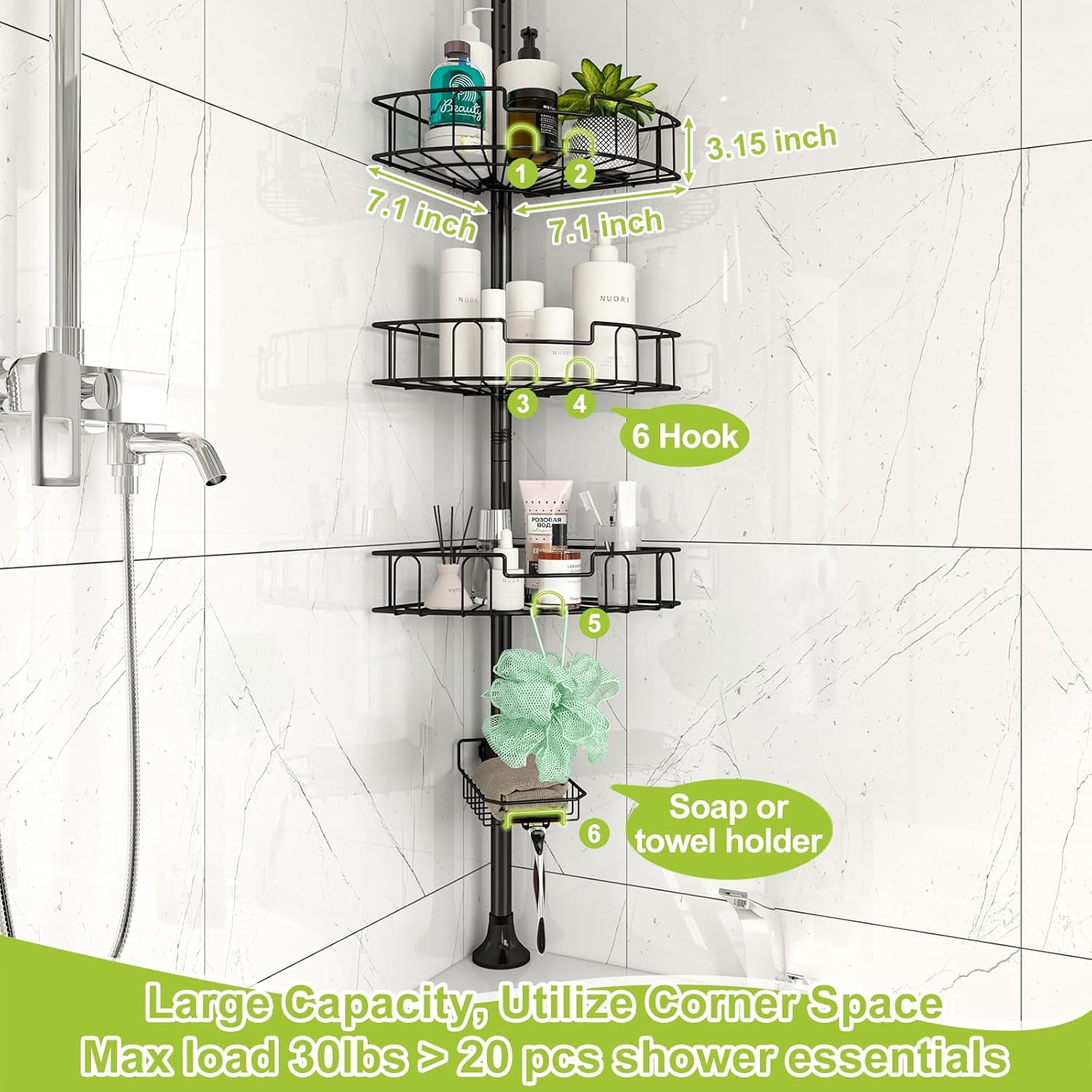 Corner Shower Caddy Tension Pole, Rustproof Stainless Steel Tension Rod Corner Shower Caddy for Shower Organizer,Adjustable Floor to Ceiling Stand Shower Shelves for Bathroom Bathtub