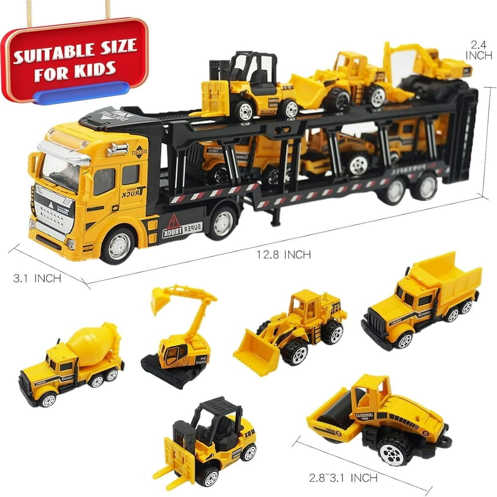 EIMELI Construction Truck Toy Die-cast Play Vehicle Set with 6Pcs Mini Crane Mixer Dump Excavator Car