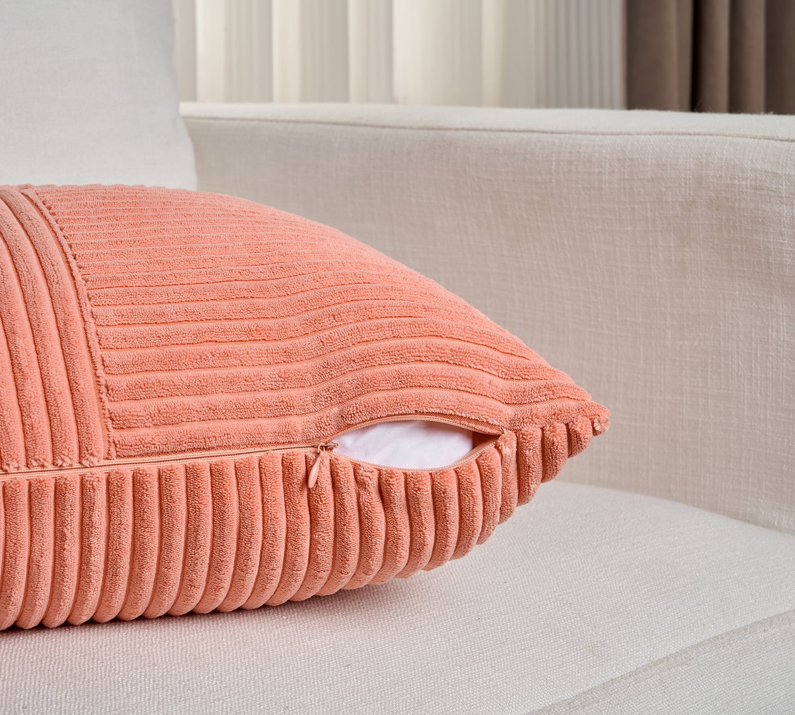Fancy Homi 2 Packs Coral Lumbar Decorative Throw Pillow Covers 14x24 Inch for Living Room Couch, Rustic Farmhouse Boho Home Decor, Soft Striped Corduroy Rectangle Accent Peach Cushion Case 35x60 cm