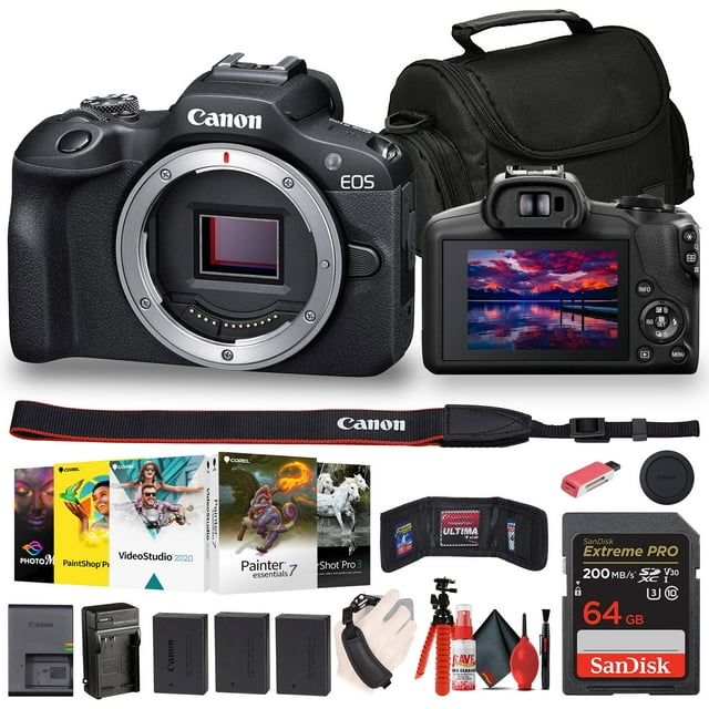 Canon EOS R100 Mirrorless Camera 6052C002 Corel Photo Software Bag 64GB Card 2 x LPE17 Battery Charger Card Reader Flex Tripod Cleaning Kit Memory Wallet Hand Strap International Model