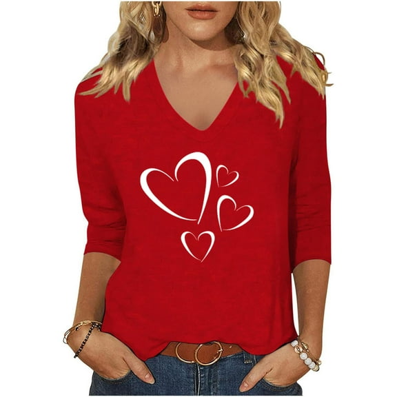 PNTUTB Women's Valentine's Day 3/4 Sleeve V Neck Comfortable Print Casual Cute Tops Basic Top Pullover