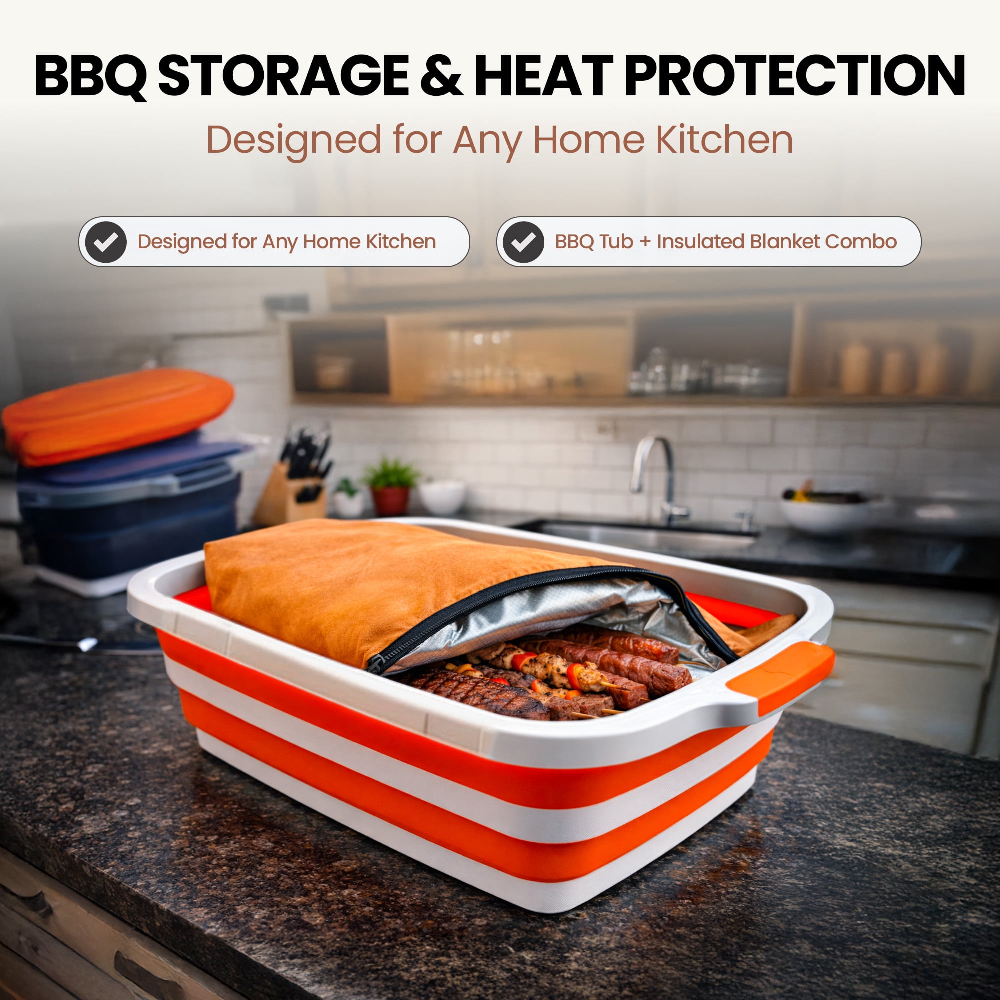 Havenity Collapsible BBQ Prep Tub 16L with BBQ Blanket - For Meal Prep, Marinating, Food Storage - Includes Cutting Board Lid - Orange - XL