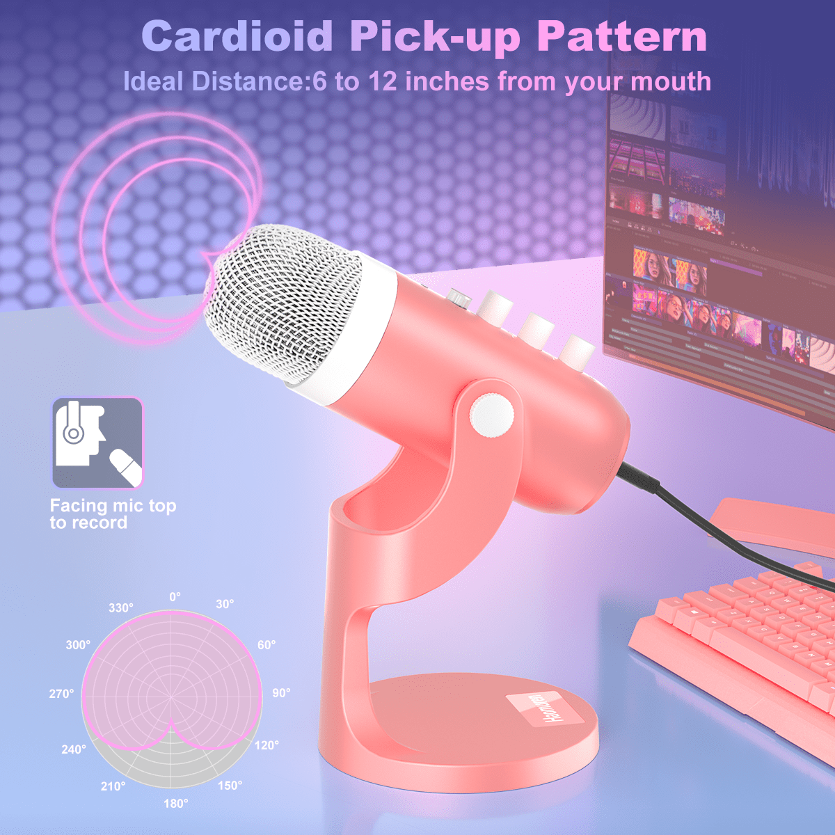Haomuren Pink USB Gaming Microphone for PC/Phone/PS5, Studio Mic with Mute, Echo, Gain & Monitor Control for Streaming, Podcast, ASMR, Vocal