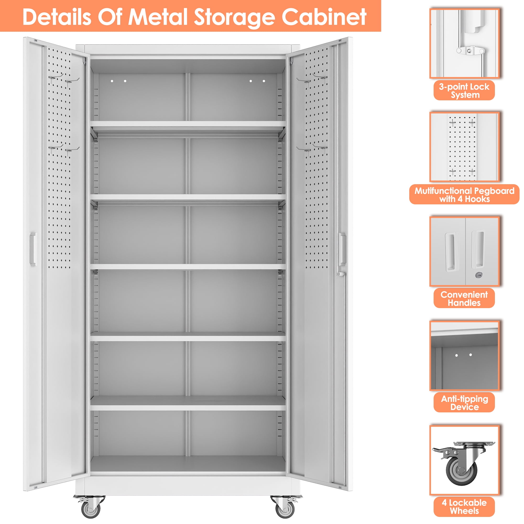 Aobabo Metal Garage Storage Cabinet with Wheels, Rolling Tool Storage Cabinet with 5 Adjustable Shelves and Pegboard for Garage Home Office Utility Room,Required Assembly,White 71" H×32" W×16" D