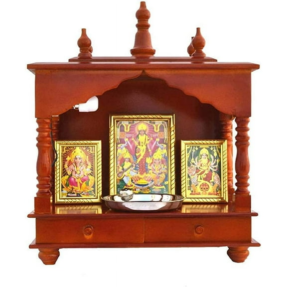 Indian Handicrafts Export Handpainted Wooden Home Temple with Doors, Rajasthani Art (in Side Puja thali, Poja Books,God Pics.LED Lights nd More.
