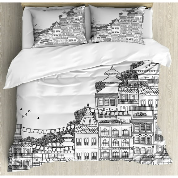 Nepal King Size Duvet Cover Set, Hand Drawn Monochrome Scene from Kathmandu Urban Life Illustration Buildings, Decorative 3 Piece Bedding Set with 2 Pillow Shams, Black and White, by Ambesonne