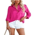 thumbnail image 3 of Women Button Down Satin Shirts  Long Sleeve Lapel Solid Color Relaxed Fit Office Work Blouse, 3 of 4