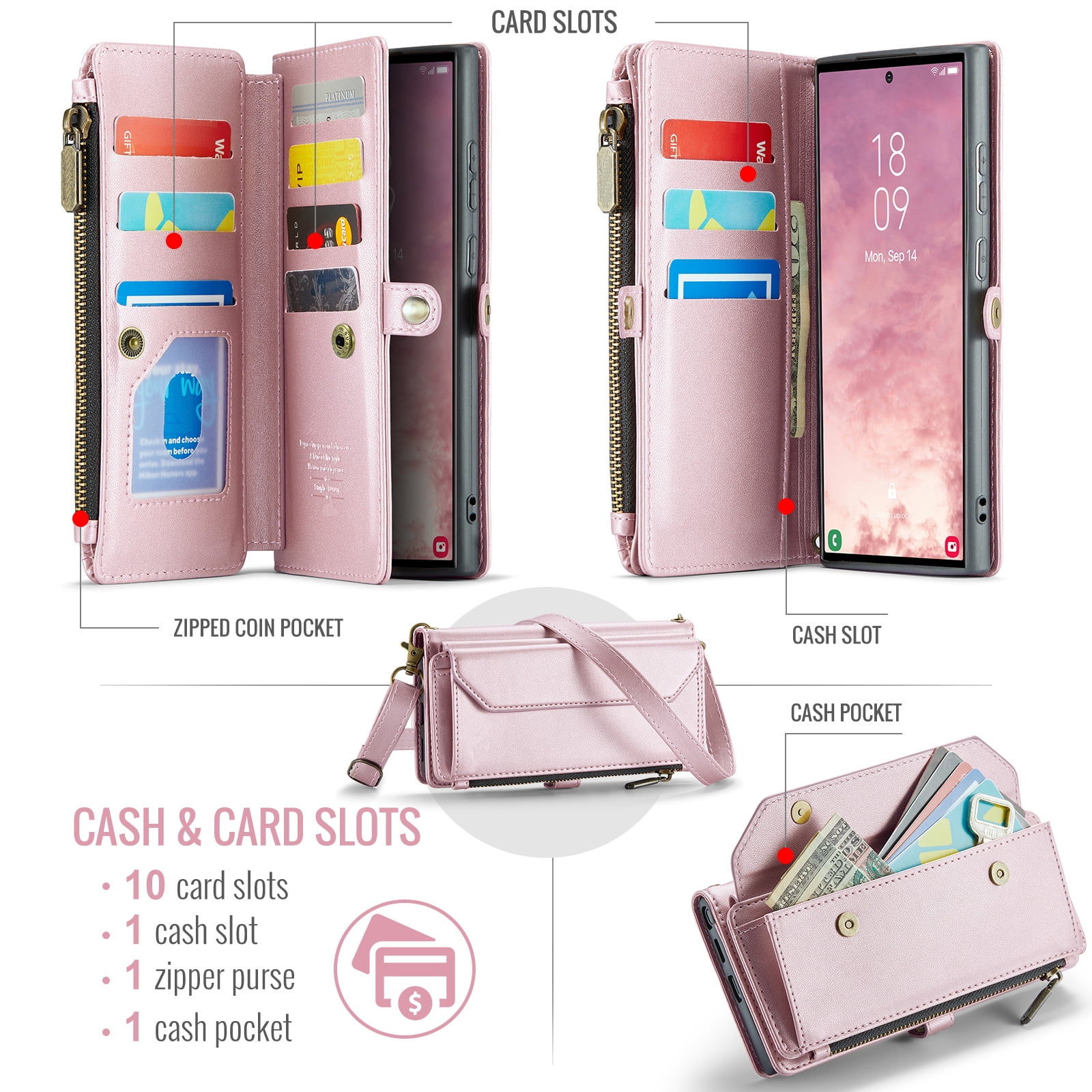 Compatible with Samsung Galaxy S25 Ultra 5G Zipper Wallet Phone Case Tempered Glass Screen Protector Crossbody Lanyard Strap Flip Card Holder Slot Cell Cover for S25Ultra 25S S 25 Women Rose Gold