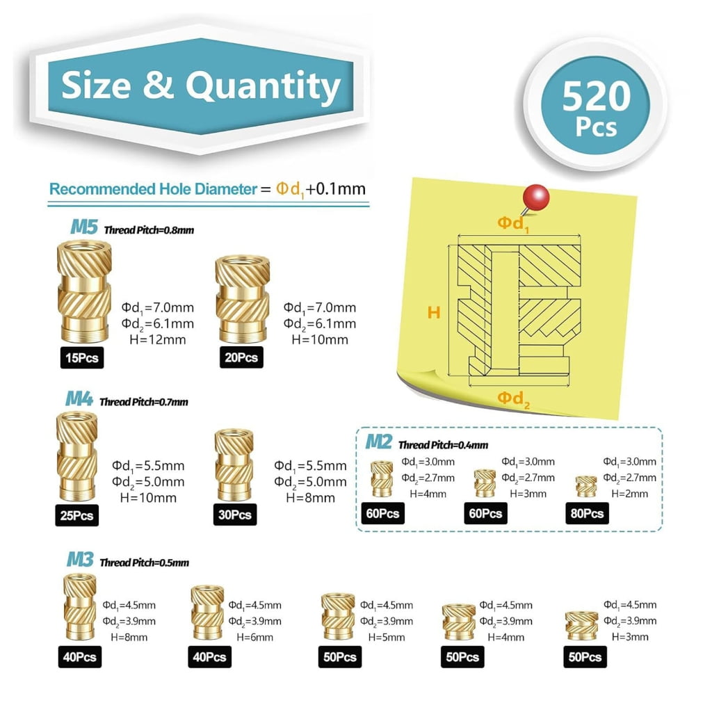 520pcs Metal Threaded Inserts with Knurled Surfaces Ensuring Secure Fastening