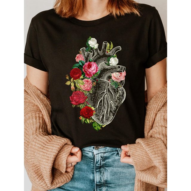 Women's Black Floral & Heart Anatomy Print Cotton T-Shirt - Short Sleeve Crew Neck Casual Top for Cardiology Nurses, Summer & Spring Wear, Machine Washable, Nurse Apparel, Anatomical Design,