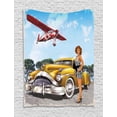 thumbnail image 1 of Pin up Girl Tapestry, Retro Grungy Framed Illustration of Biplane and Classic Car and a Girl Standing, Wall Hanging for Bedroom Living Room Dorm Decor, 60W X 80L Inches, Multicolor, by Ambesonne, 1 of 2