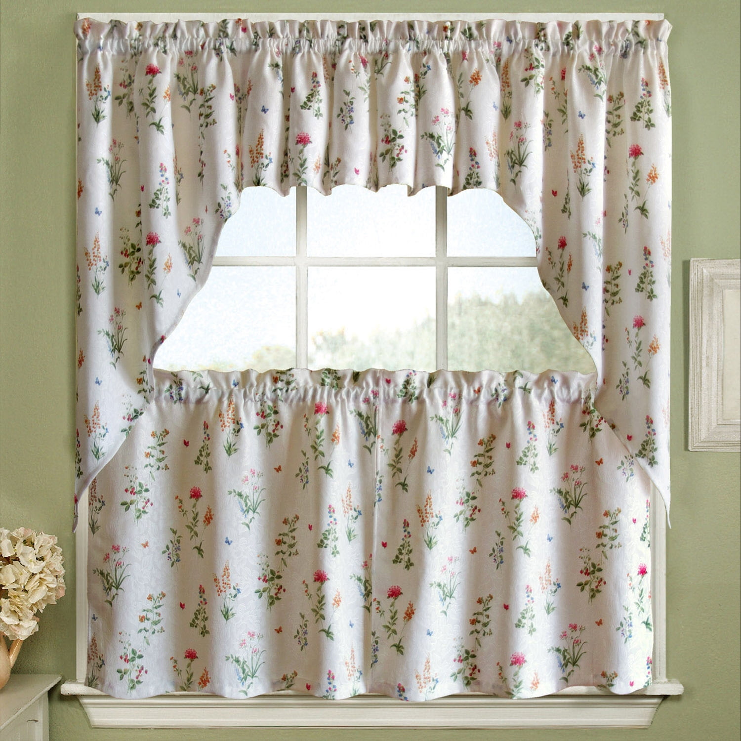 English Garden Floral Jacquard Kitchen Curtains, 36" x 60" Tier Pair