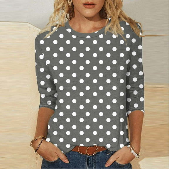 Zysthvn Polka Dot Summer Tops for Women Casual Plus Size 3/4 Sleeve Womens T Shirt Crew Neck Breathable Loose Fit