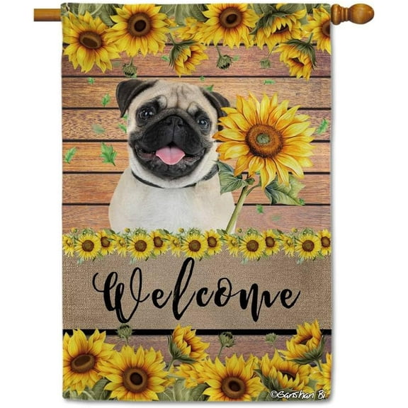 Pug Sunflower House Flag Dog Welcome Spring Summer Wooden Print Flag Banner Outside Yard Decor 28X40 Inch Double Side Style 2