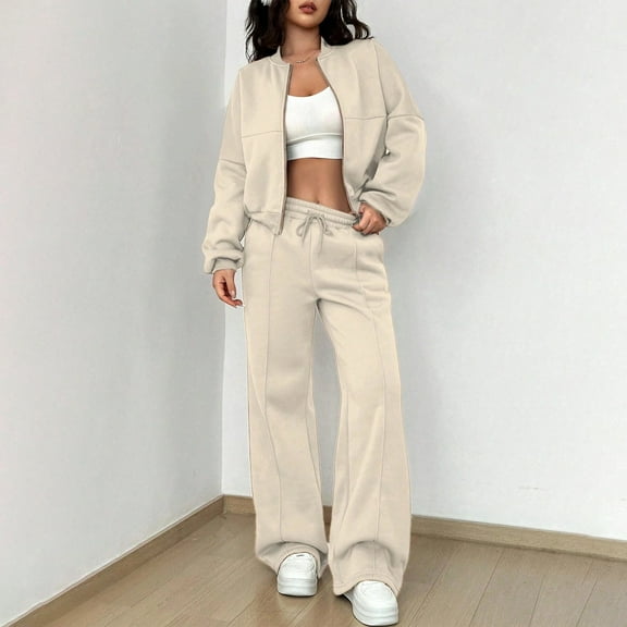 Women's Fall 2 Piece Lounge Sweatsuits Set Zip Up Sweatshirt Jacket Wide Leg Sweatpants Lounge Sets Tracksuit Y2k Beige XL