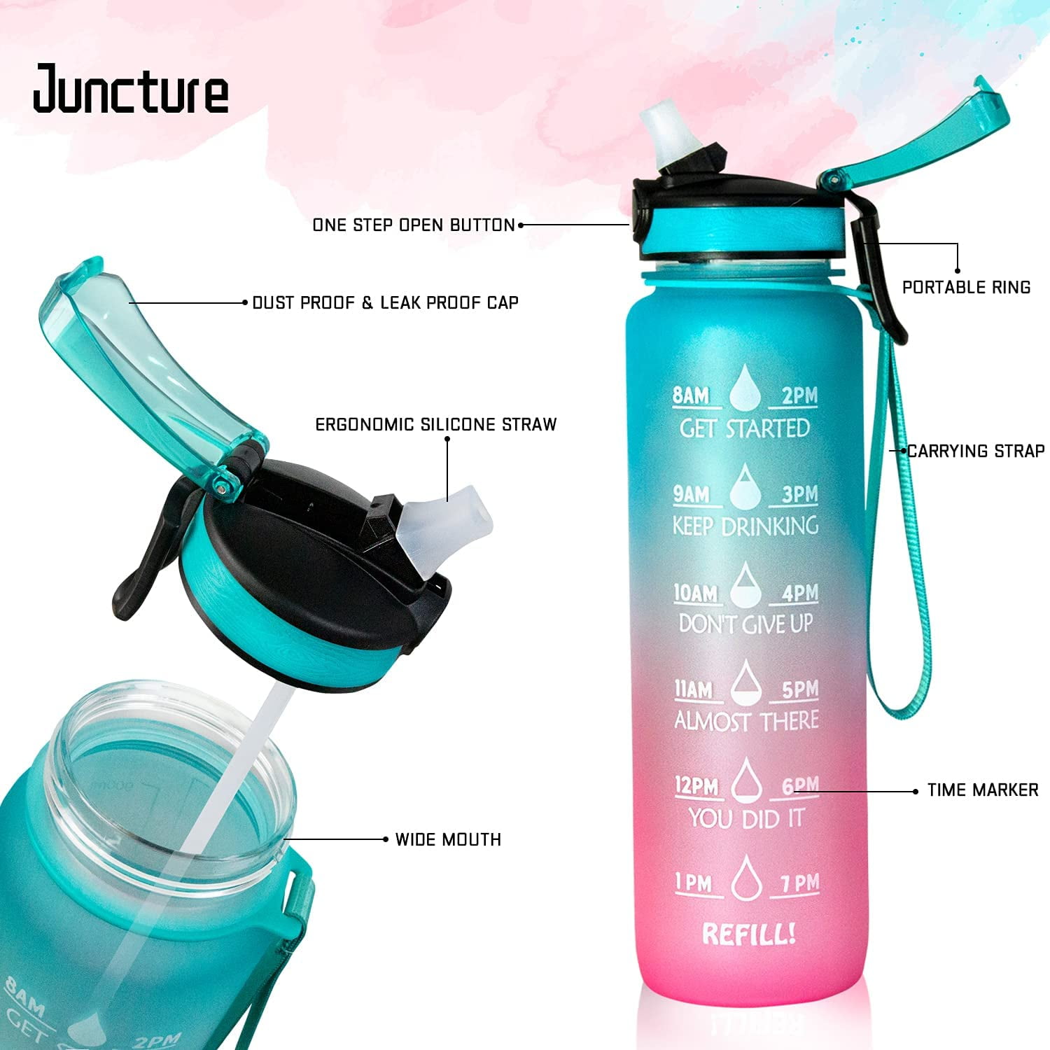 AOHAN 1PCS 1L Water Bottles with Straw Leakproof Motivational Sports Water  Bottle with Time Markings Dishwasher Safe PCTG for Sports, Gym, School Water  Bottle